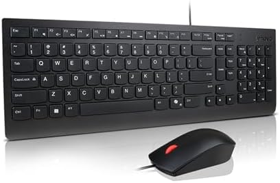 Lenovo Essential Combo Wired Keyboard + Mouse - USB, Compact Layout with Keyboard, Ergonomic Mouse 1600 DPI, Splash-Proof Design, Copilot Key - Black