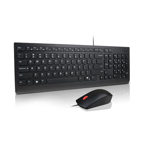 Lenovo Combo Tastiera + Mouse Cablato Essential – USB, Layout Compatto con Tastierino, Mouse Ergonomico 1600 DPI, Design Anti-Schizzi, Tasto Copilot – Nero