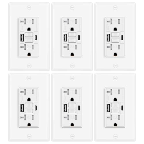 6 Pack 20A GFCI Outlet with USB A&amp;C Ports, Self-Test TR White
