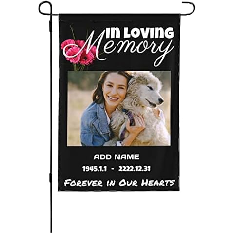 SNAPSMILE Personalized in Loving Memory Garden Flag for Outside, Customized Photo Name Date Grave Memorial Decoration Black Sign for Cemetery 12x18 Inch Double Sided Cover