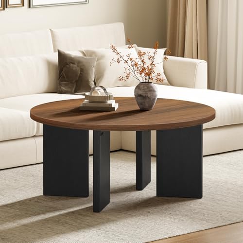 HOOBRO Round Coffee Table, Industrial Tea Table, Modern Wooden Accent Centre Table Sofa Side Table for Living Room, Rounded Edges, Office Walnut and Black EBH88KF01
