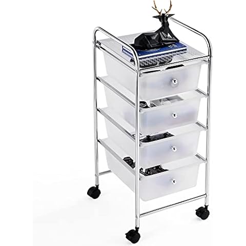costoffs 4 Drawers Rolling Storage Cart with Lockable Wheels, Plastic Mobile Utility Trolley Unit for Office, Home, Salon, White Cover
