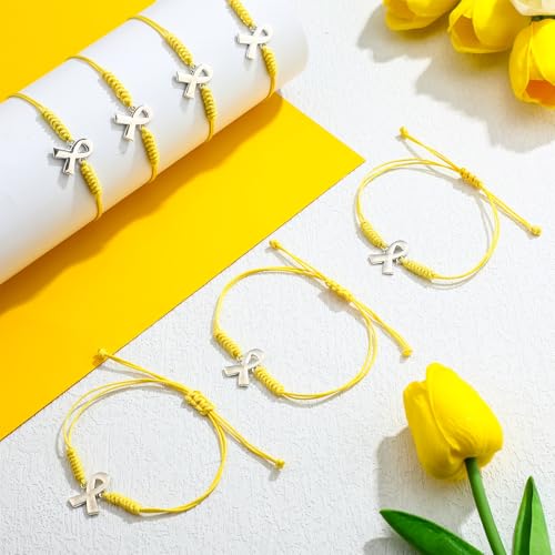 Sasylvia 20/50/100 Pcs Sarcoma Cancer Awareness Bracelets Adjustable Cord Yellow Ribbon Braided Bracelets Inspirational Ovarian Bone Cancer Gifts for Women Jewelry Accessories3