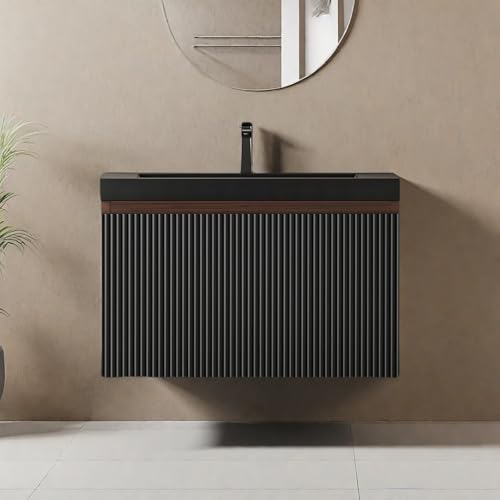 Image of Wall Mounted Bathroom Sink Vanity, Modern 24 inch Floating Vanity with Resin Top Basin Sink and U-Shaped Soft-Close Storage Drawer, Striped Bathroom Storage Cabinet with Invisible Handle, Black
