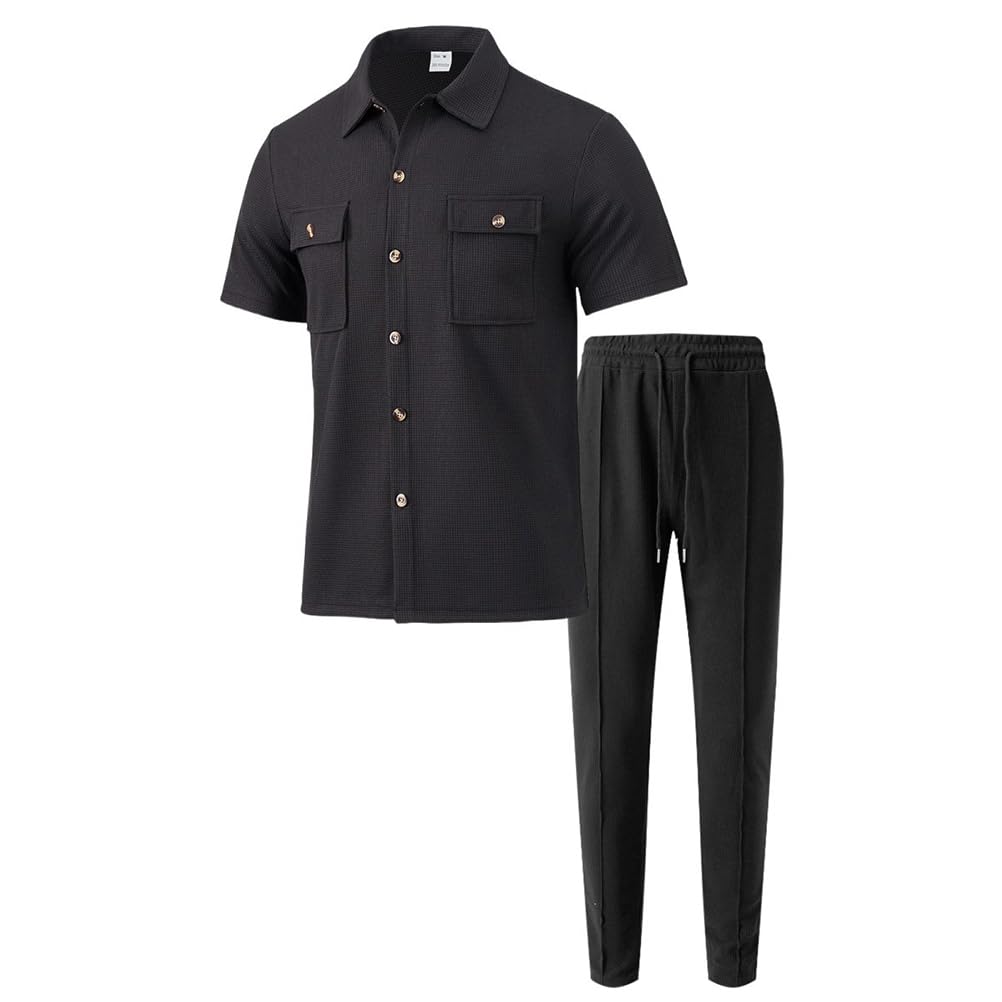 Homme Ensemble Casual Chemises Polos Hauts à Manches Courtes Mode 2 Pièce Survêtement Jogging Été T-Shirt Chemisette et Pantalons pour Vacance Loisir