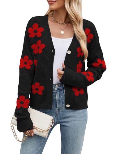 Women Crochet Cropped Cardigan Sweaters Lightweight Button Down V Neck Cardigan Flower Knit Open Front Cute Outfits Fall