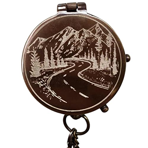 Mountain And Road Engraved Working Handmade Antiqued Brass Compass Gift For Men With ''For Your Adventures'' Stamped Leather Case #TOP1