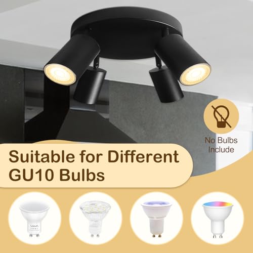 Image of Wiseworld 4 Light Track Lighting Fixtures for Ceiling LED Black Spot Lights Indoor Round Chassis GU10 Base Lamp Rotatable Modern Ceiling Spotlight for Bedroom Kitchen Hallway (Bulb Not Included)