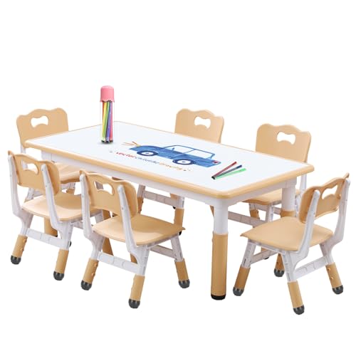 HAPPYMATY Kids Table and Chair Set Height-Adjustable Toddler & 6-Chair Set with Graffiti-Proof Desktop, Non-Slip Legs – Arts/Crafts Activity Table for Daycare Classrooms Ages 2-12