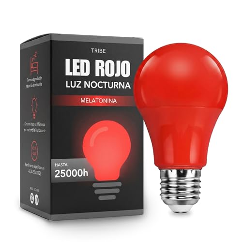 TRIBE Bombilla LED Roja E27 7W para Dormir - Luz Roja Nocturna Melatonina 630nm - 0% Luz Azul y sin Parpadeo (Anti-flicker) - 1800 Lúmenes - Mejora del Ritmo de Descanso e Ideal para Leer