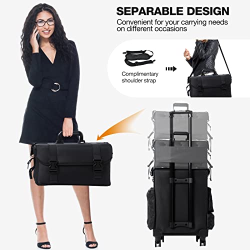 Icoget Professional Rolling Makeup Train Case W/Wheels, 2 In 1 Nylon Trolley Cosmetic Suitcases Cosmetology Bag, Large Waterproof Makeup Traveling Case For Hairstylist/ Makeup Artist/ Nail Technician #TOP3