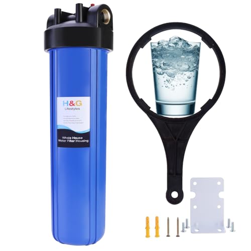 Image of H&G Lifestyles Whole House Water Filter Housing, 20 x 4.5 Blue Canister | Universal Water Filter Canister, Water Filtration System for Well Water City Water, Stainless Steel Bracket, Wrench