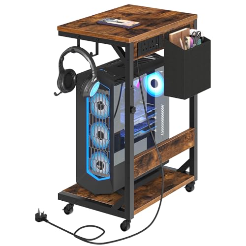 HOOBRO Computer Tower Stand Printer Stand with Charging Station on Wheels Height Adjustable PC Stand with 2 Hooks and 1 Fabric Pocket for Living Room Bedroom Rustic Brown and Black EBF02KZJ01