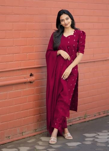 Image of ANNI Designer Women's Purple Printed Kurta Set | Pure Viscose 3 Piece Ethnic Suit Set with Pant & Dupatta | Festive for Women | Cotton Kurta Sets for Woman
