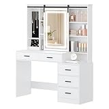 Hzuaneri Dressing Table with Adjustable LED Lights, Sliding Large Mirror, Vanity Desk with Jewellery Storage, Open Shelves, 5 Drawers, Modern Makeup Desk with Bedside Table for Bedroom, White DT33103X - Image 9