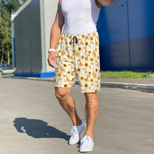 Mens Pajama Shorts with Pockets - Shiba Inu sunflower Soft Lounge Pj Sleep Shorts Pajama Bottoms for Men2