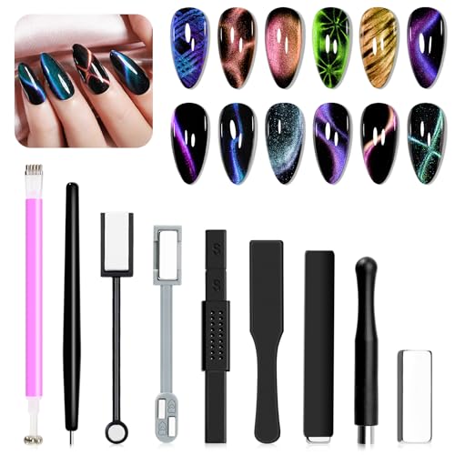 Cat Eye Magnet for Nails 9PCS Magnet Nail Tool for Cat Eye Gel Nail Polish Multi-Function Double-Head Mangtic Stick for 9D Strip Galaxy Cat Eye Nail Art Design DIY Home Manicure