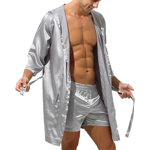 ACSUSS Men Sexy Shiny Satin Pajamas Hombre Hooded Bathrobe Belted Bath Robe Sleepwear Without Shorts3