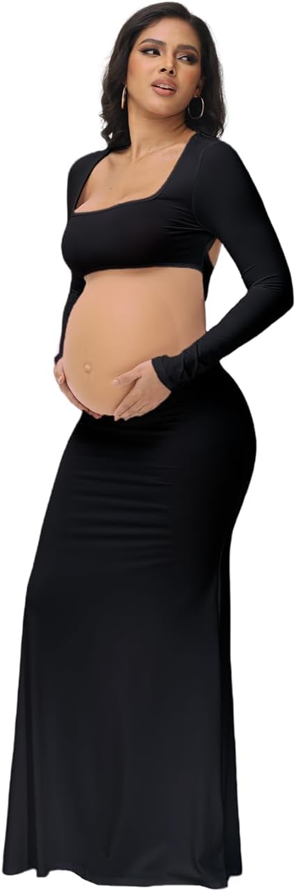 Maternity Dress for Photoshoot Solid Cut Out Backless Long Sleeve Maxi Photography Pregnancy Dress for Women