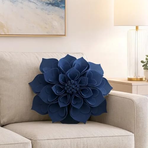 Fennco Styles Handmade 3D Heart-Shaped Petals Flower Decorative Filled Throw Pillow 13" Round - Navy Blue Floral Pillow for Couch, Home Décor and Holiday, Housewarming Gift