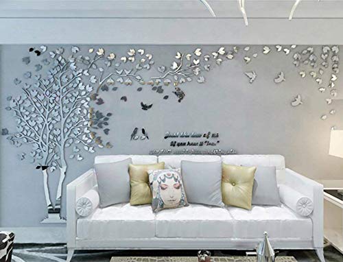 3D Tree Wall Stickers - Diy Tree And Birds Wall Decals Family Couple Tree Stickers Murals Wall Decor For Living Room Bedroom Tv Background Home Decorations(Silver Left,M-98X51In) #TOP3