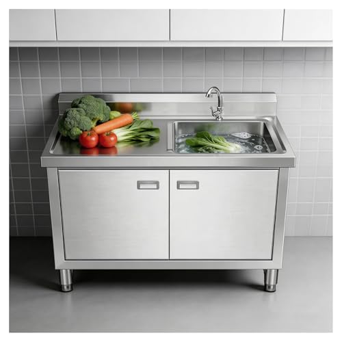 DHNDSDP Tavolo da Lavoro Cucina con Lavello Piano di Acciaio Inox Alzatina Finitura Spazzolata Piedini Regolabili Guide a X Angoli -traboccamento Maniglie per ante H 80cm
