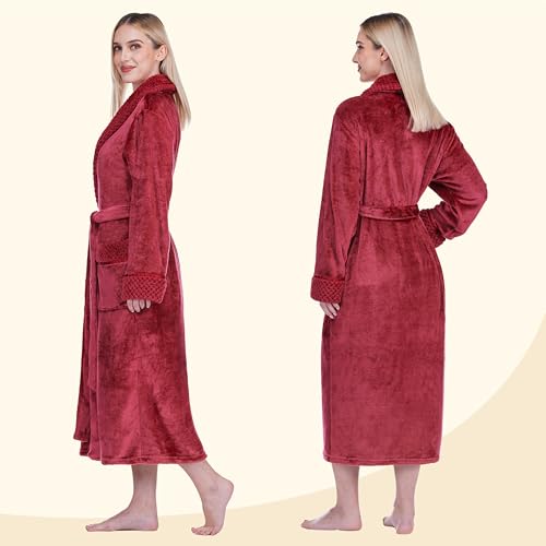 Image of PAVILIA Women's Plush Fleece Robe, Soft Cozy Long Bathrobe with Satin Waffle Trim, Warm Lightweight, Pockets & Tie Belt