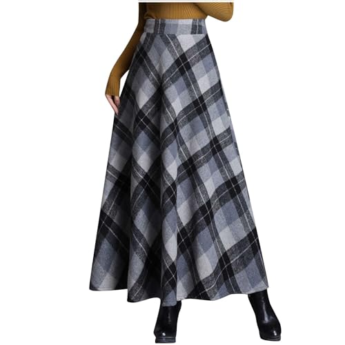 Womens Fall Winter High Waist A-Line Pleated Wool Midi Length Skirt A-Line Plaid Vintage Dressy Elegant Maxi Skirts
