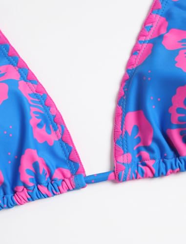 Image of ZAFUL Women Halter Dual Straps Whip Stitch Floral Triangle Bikini Swimsuits | Color Block Whip Stitches Trim, Halter Dual Shoulder Straps, Popular Floral Print, Cheeky Bikini Bottom, Tie Back