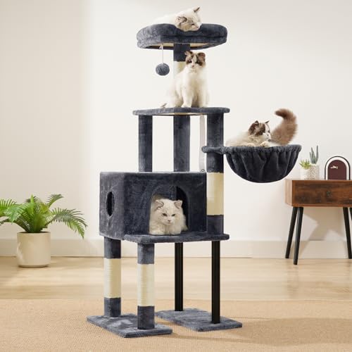Image of Heybly Cat Tree with Toy, 49.2 inch Cat Tower for Indoor Cats HCT200SG | Spacious Cat House Condo with Hidden Space，Soft Plush Top Perch，Cozy Hammock and Sisal Scratching Posts, Smoky Gray