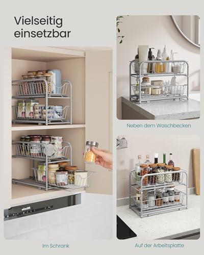 SONGMICS Küchen-Organizer, Küchenregal, Ordnungssystem, 2 Ebenen, stapelbar, erweiterbar, mit Metallkörben, für Küche, Badezimmer, taubengrau KCS017E01V1