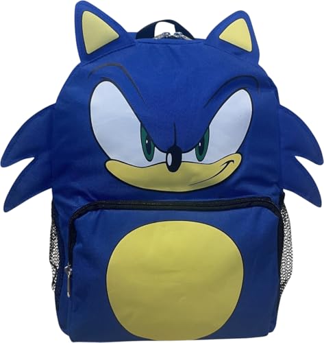 Ruz Mochila escolar Sonic The Hedgehog Big Face com orelhas e penas 3D, Azul, Sonic 14', Mochila