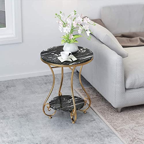 Image of Round End Table with Storage Side Table Corner Table Metal White Wooden Top with Gold Base for Living Room Bedroom-Black & Gold