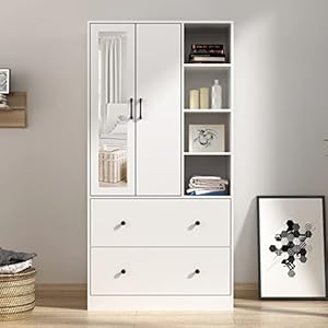Hitow Wardrobe Armoire Closet with Mirror, 2 Door Wardrobe Cabinet with 2 Drawer & Extendable Hanging Rod, Bedroom Armoire Cabinet Clothing Organizer, Type A White (35.5″ W x 15.8″ D x 70.8″ H)