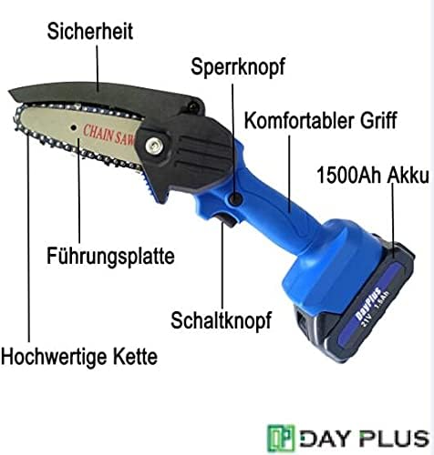 DayPlus Mini Chainsaw components labeled: Safety, Lock Button, Comfortable Grip, 1500mAh Battery, Switch Button, Guide Plate, High-Quality Chain
