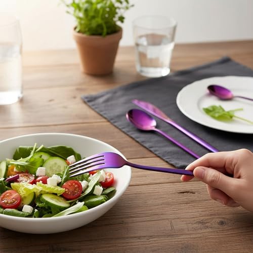 Image of 5 Pcs Pink Cutlery Set for Dining Table the Perfect Lightweight Silim Handle Tableware Including Dinner Spoon, Dinner Fork, Dinner Knife, Dessert Spoon & Dessert Fork