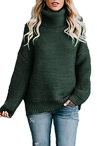 FIYOTE Damen Rollkragenpullover Casual Pullover Oberteile Winter Strickjacke Elegant Grobstrickpullover Streifenpullover Winter Sweats 1-dunkelgrün L Cover