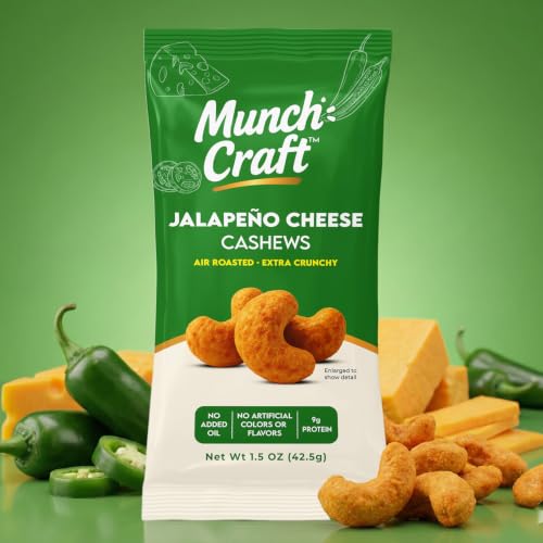 Image of Munch Craft Gourmet Jalapeno Cheese Cashews (8-Pack Box) - Perfectly Balanced Flavor - Extra Crunchy Air-Roasted Nuts, Oil-Free - Eight 1.5 oz Snack Bags (12 oz Total)