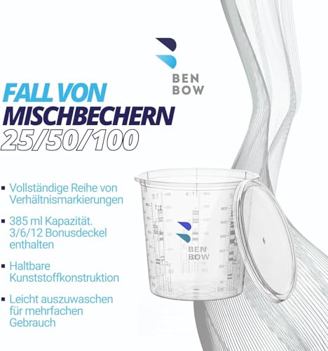 BenBow Profi-Messbecher 100x 385ml mit 12x Deckel mit vielfältiger Skalierung - Becher mit Skala Mischbecher Lackmischbecher Meßbecher Lackbecher Einwegmischbecher