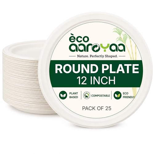 Image of Eco Aaroyaa Round Extra Large Bagasse 12 Inch Disposable Plates - Eco-Friendly Disposable Plates for food - Biodegradable disposable Plate, Strong and Sturdy, Oil & Water Resistant use and throw plates (Pack of 50)