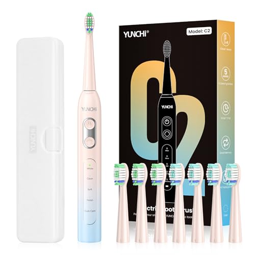 YUNCHI C2 Elektrische Zahnbürste mit 40000 VPM, Schallzahnbürste für Erwachsene, USB-C Ladung, 55 Tage Akkulaufzeit, 5 Putzmodi, 2-Min-Timer, mit 8 Bürstenköpfen & Reiseetui, im Hellblau-Gelb-Verlauf