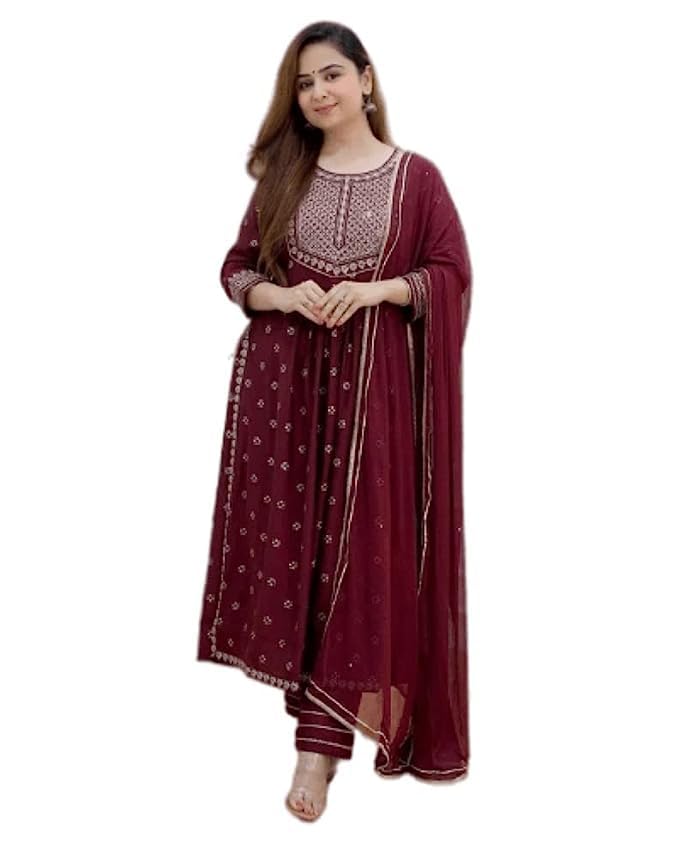 Women's Rayon Embroidered Nayra Cut Kurti Pant with Dupatta, Casual Wear Kurta Set for Girls
