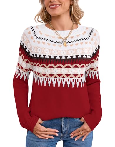 Image of Women's Fair Isle Sweater Crew Neck Long Sleeve Heart Sweater Vintage Tops