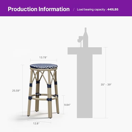 Image of PURPLE LEAF Patio Round Counter Height Stool Set of 2 Outdoor Backless Barstools Aluminum Frame in Champagne Finish with NavyBlue & White Woven Rattan for Indoor Kitchen Dining Bistros Cafe Restaurant