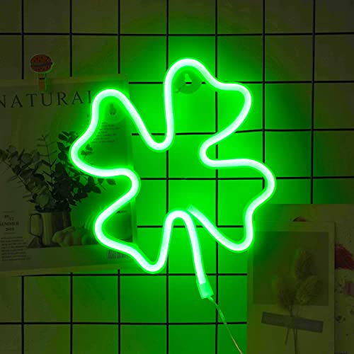 Image of Neon Sign Shamrock Shaped St. Patrick's Day Night Light, USB & Battery Operated Green Clover Glowing Decorative Irish Shamrock Light for Room Party Decorations