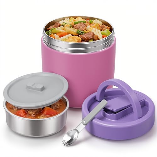 Pawtong 40.5oz Thermo for Hot Food Adults, Soup Thermo Lunch Containers with Wide Mouth & Spoon, Stainless Steel Vacuum Insulated Food Jar, Food Thermos with Handle(Pink)