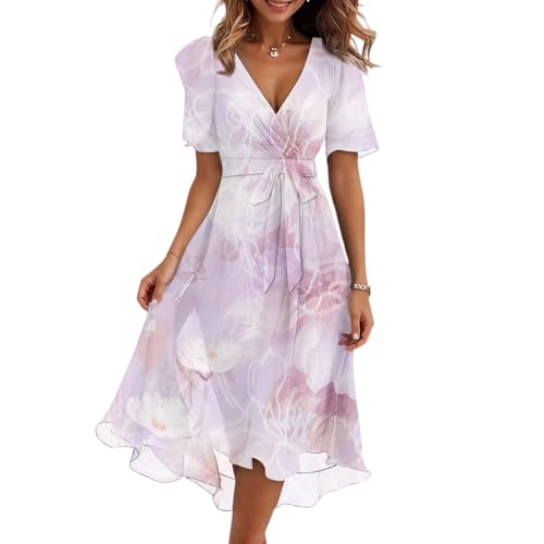 UDAUDU Womens Boho Floral Printed Chiffon Dresses 2026 Elegant V Neck Belted Summer Wedding Prom Cocktail Midi Dress 24-Pink X-Large