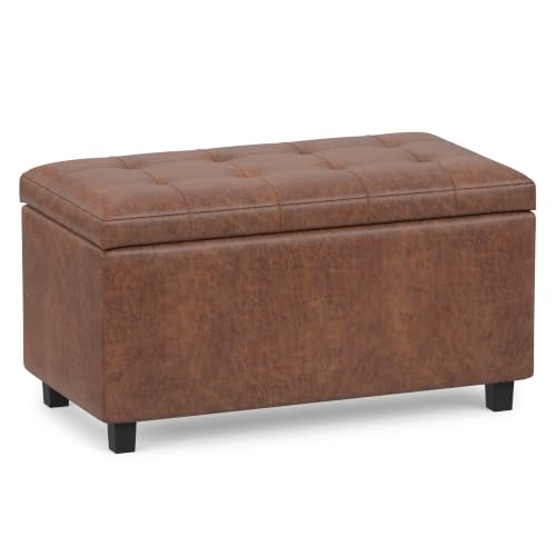 SIMPLIHOME Cosmopolitan 34" Wide Vegan Leather Storage Ottoman in Brown