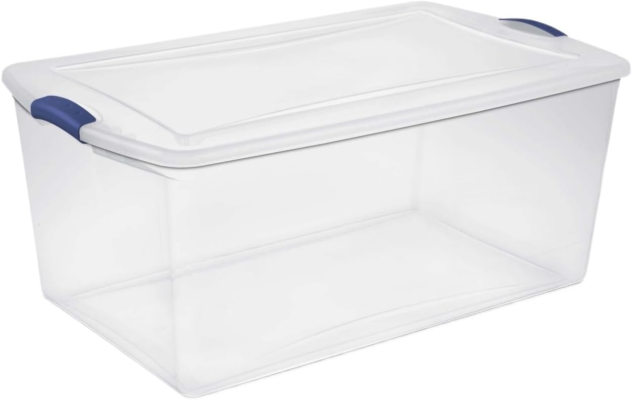 105 Quart Extra Large Clear Plastic Storage Bin, Stackable Container With Blue Accent Latch Lid, See-Through Lidded Box For Seasonal Clothes, Bedding, Camping Gear, Home Closet