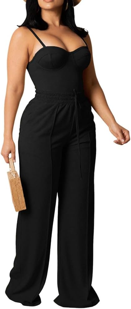 PINSV Women High Waist Drawstring Wide Leg Sweatpants Elastic Baggy Straight Lounge Pants image 5